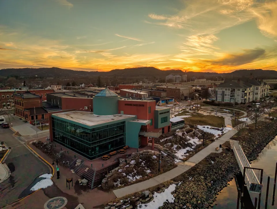 Aerial view of the National Eagle Center in Wabasha, Minnesota during sunset.